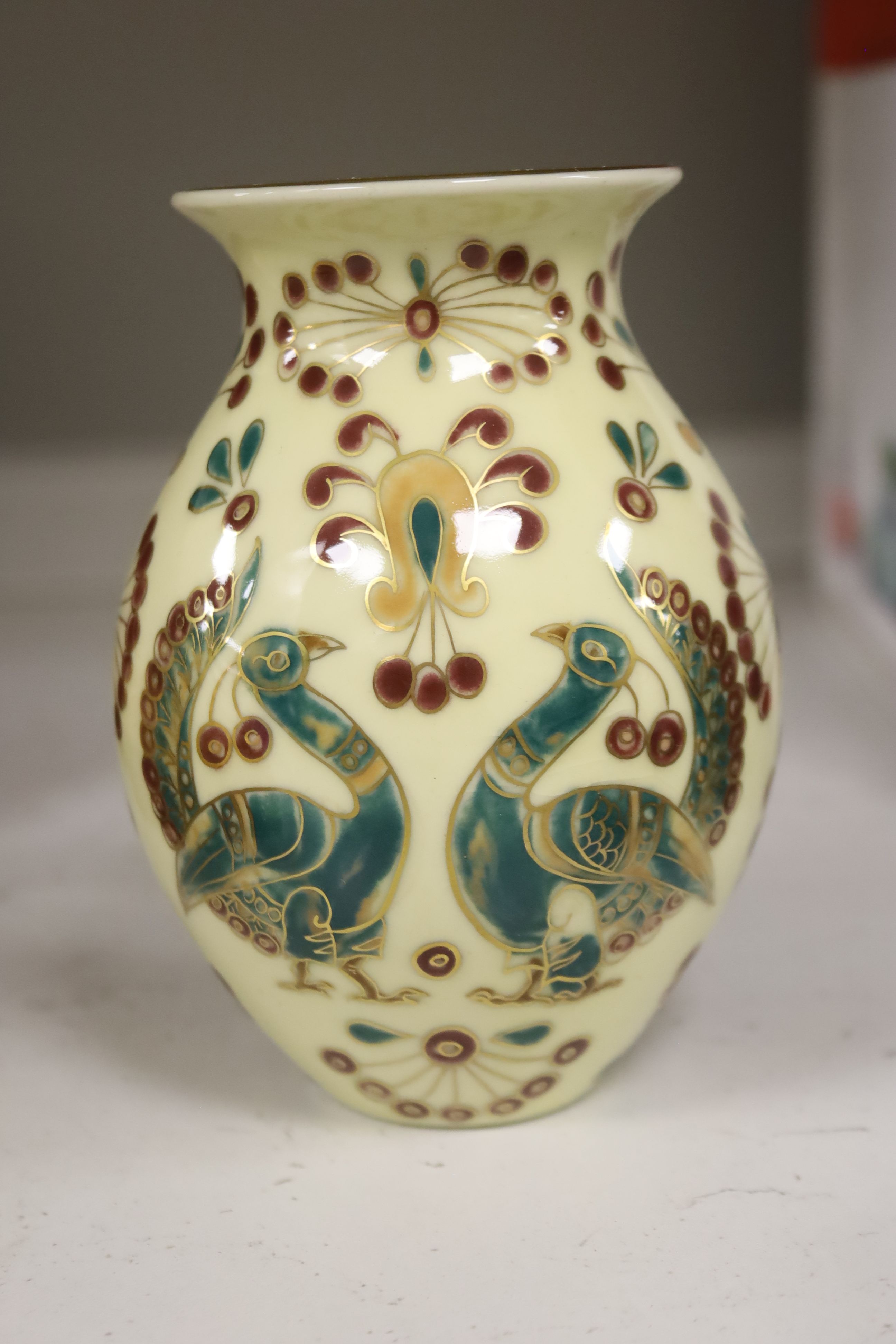 A large Czechoslovakian porcelain model of a hunting dog, length 33cm, together with a cased three piece Zsolnay Pecs presentation set and a hand blown Studio glass footed bowl, diameter 36cm